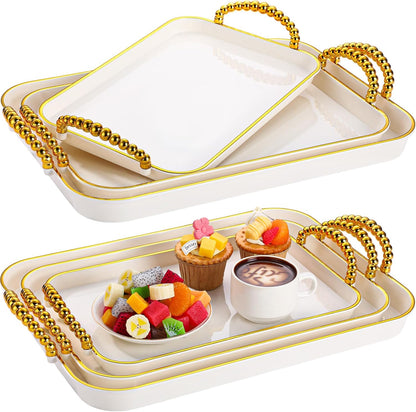 Rtteri Set of 6 Serving Platters with Handles 18.3/16.73/14.8 Inch Large Rectangular Trays, Reusable Pet Plastic for Entertaining, Dinner Parties, Weddings(Round Beads Handles,White)
