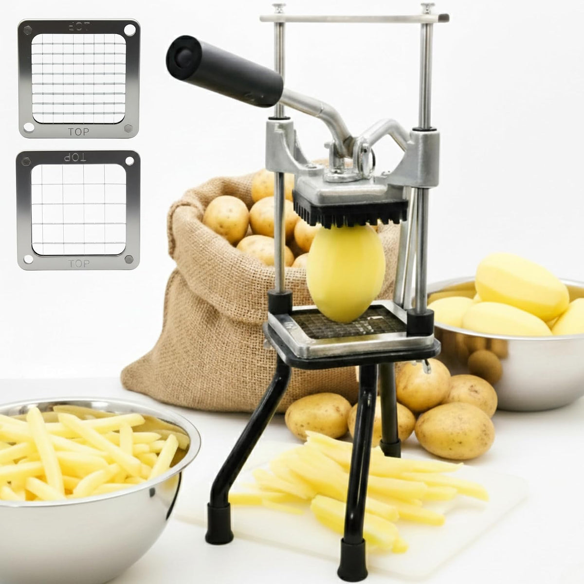 2-Blade French Fry Cutter - Stainless Steel Potato Slicer, Non-Slip Suction