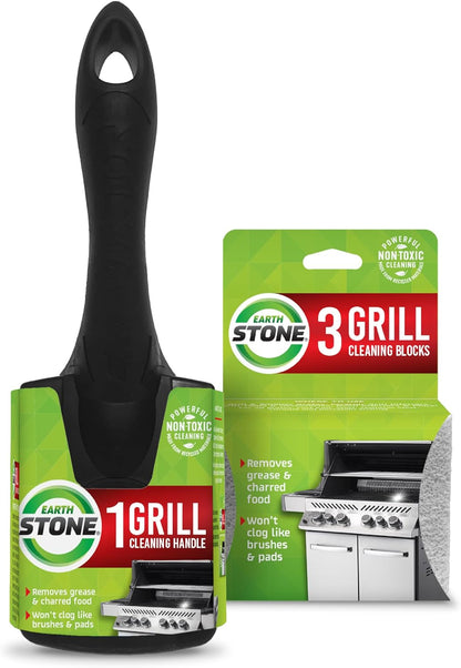 EarthStone Grill Cleaning Block Kit, Bristle Free Grill Scraper, 3 Grill Cleaning Blocks and 7" EZ-Grip Handle