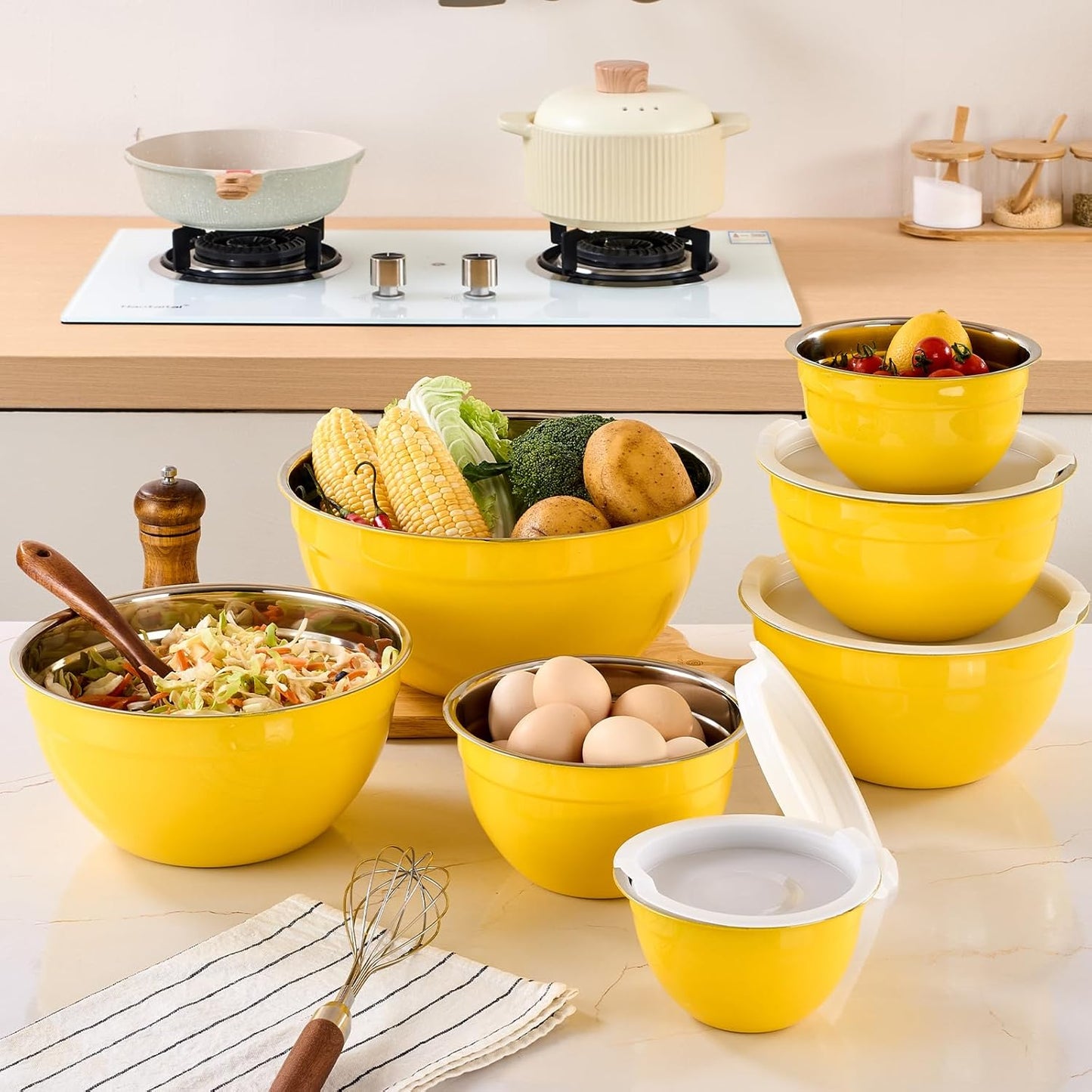 Pink Mixing Bowls with Airtight Lids, Stainless Steel Nesting Mixing Bowls Set of 7, Ideal for Baking, Prepping and Serving Food, Size 7, 3.6, 2.7, 2.1, 1.5, 1.1,0.8 QT, Stackable Design