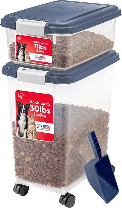 IRIS USA Dog Food Storage Container 30 lb + 11lb Airtight Combo, Stackable Pet Food Storage Bin with Wheels for Cat Dog Food, BPA Free, Made in USA, Black