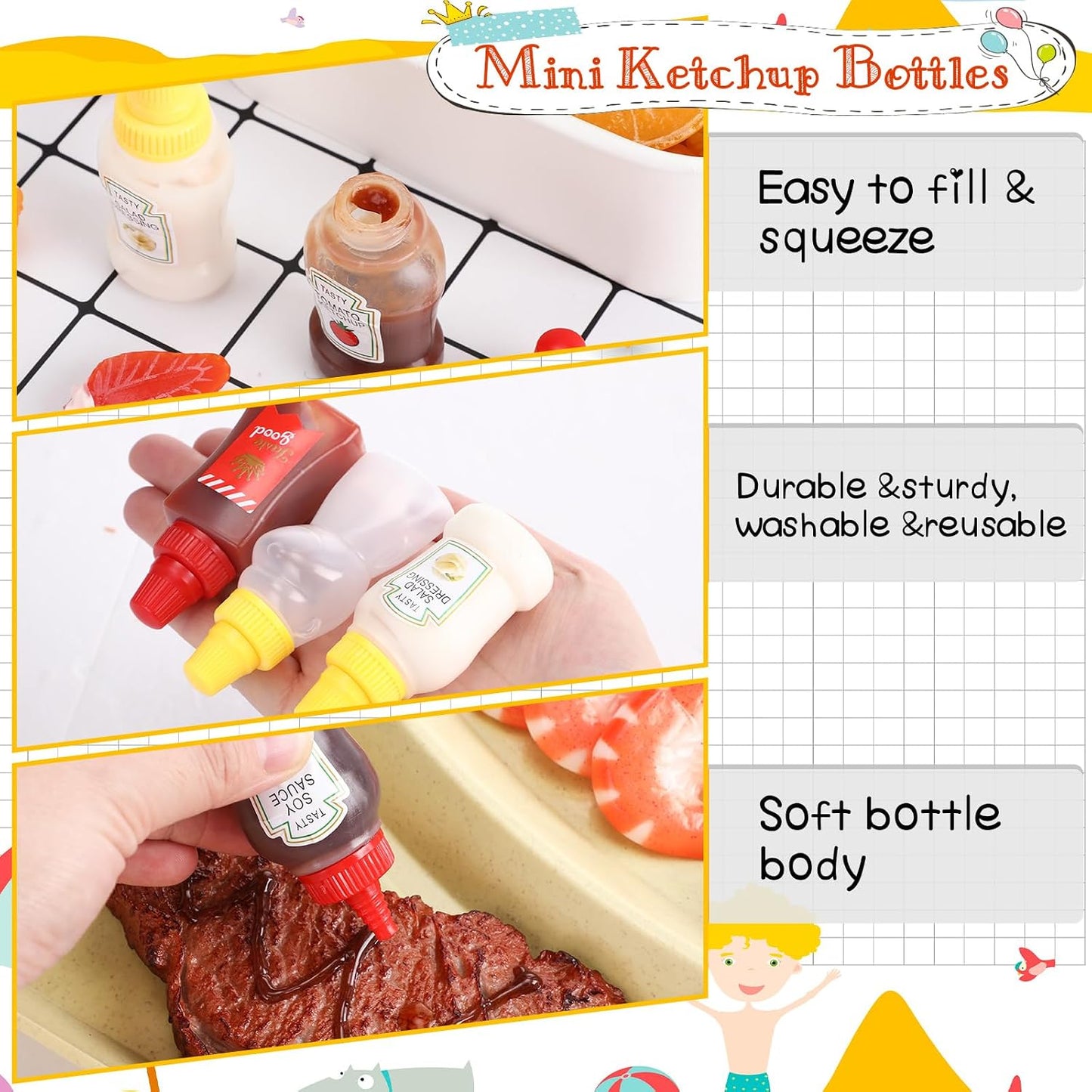 130 Pcs Bento Box Accessories for Kid Including 8 Pcs Plastic Portable Mini Ketchup Bottles 2 Pcs Bear Shaped Condiment Squeeze Bottle 120 Pcs Animal Food Picks for Salad Dressing Soy Sauce