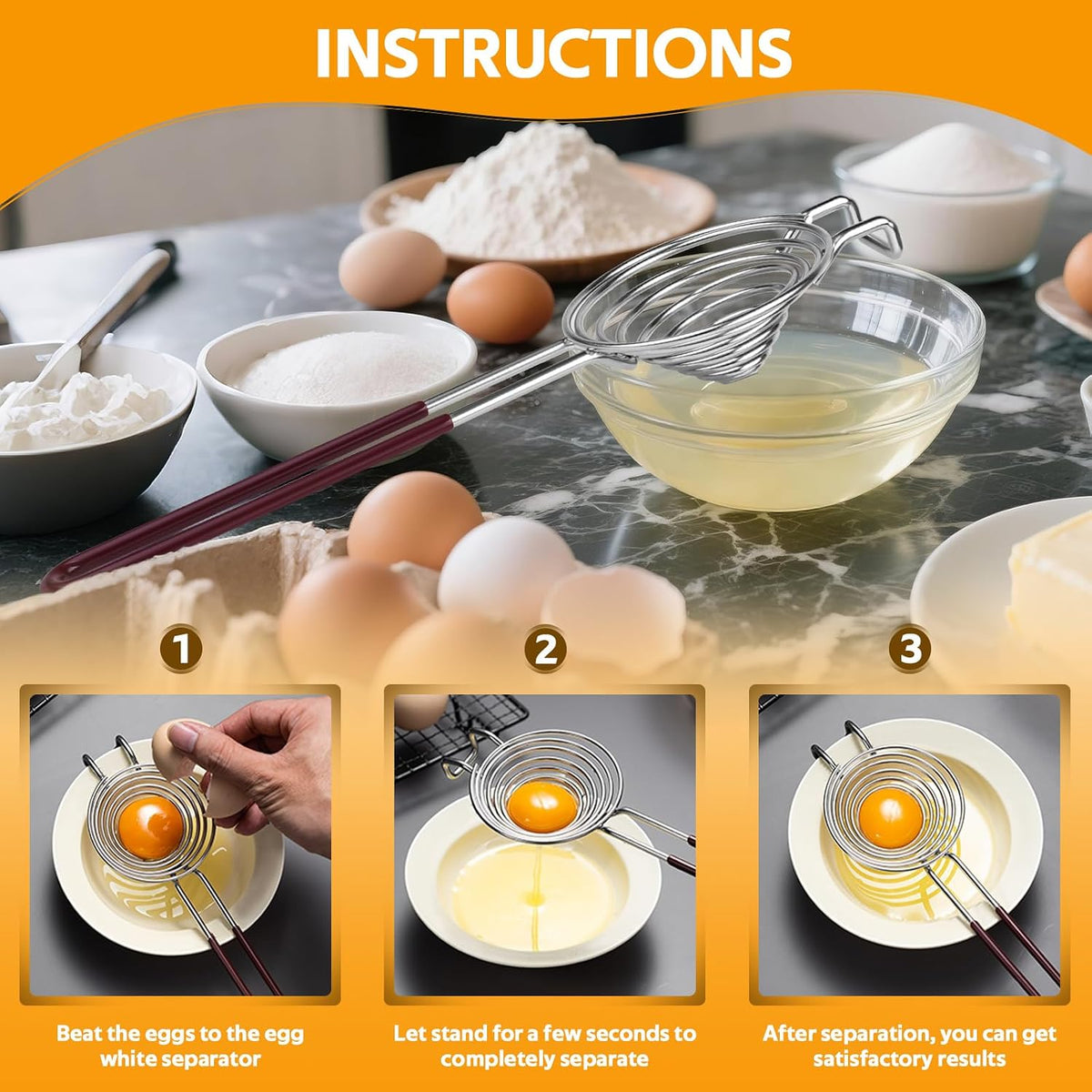 Egg Separator, Stainless Steel Egg Yolk White Separation Tool Long Handle Egg White Separator Tool for Baking, Cooking, and Kitchen Essentials