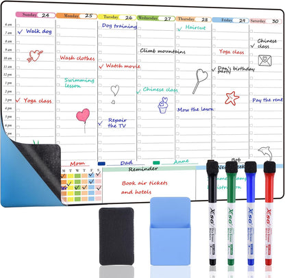 POPRUN Dry Erase Weekly Calendar Whiteboard, Magnetic Hourly Schedule Board | 16.9 x 11" Weekly Planner for Fridge, Time Slots, Family Daily Planning for Refrigerator, Homeschool, Work