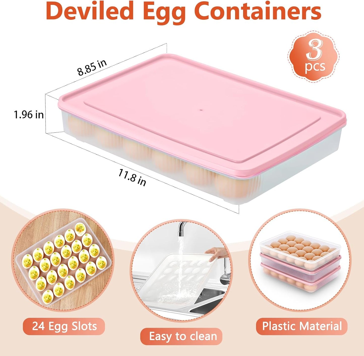3 Pack Deviled Egg Containers with Lid and 8 Pcs Deviled Egg Injector Piping Tool, Egg Organizer for Refrigerator, Fridge Stackable Countertop Portable Egg Platter (pink,blue,green)