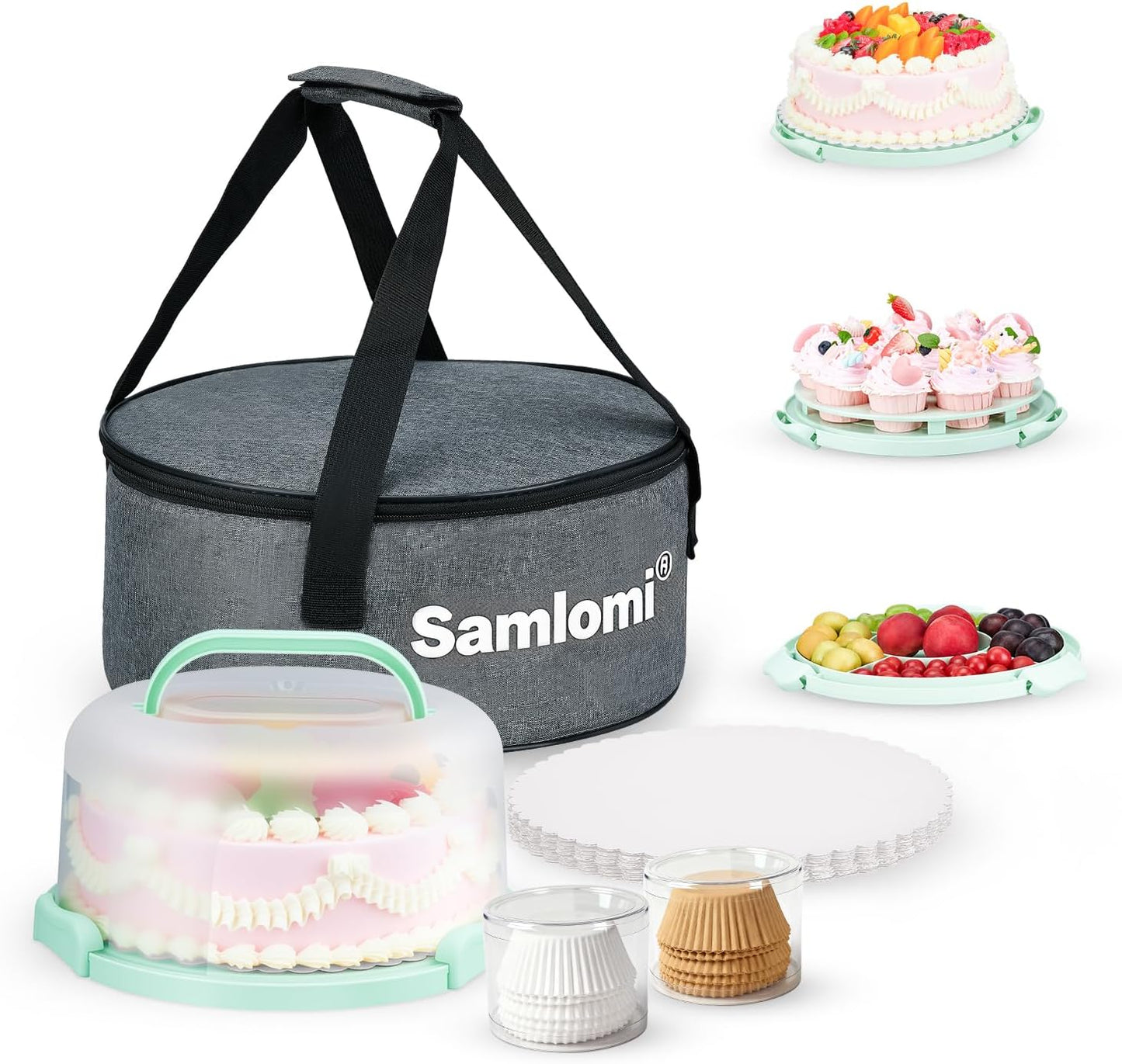 Cake Carrier with Lid and Handle, Bpa-Free Cake Holder with Lid for 10 Inch Round Cake Carrier with 10 pcs Round Golden Cake Boards and Portable Insulated Bag & Two Boxes of Cupcake Paper Liners