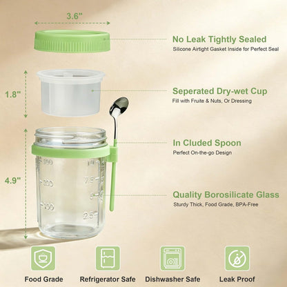 Overnight Oats Containers with Lids and Spoons - 4 Pack 16 oz Glass Mason Jars with Separate Compartments Airtight Overnight Oat Jars Leakproof Yogurt Parfait Cup for Oatmeal Chia Pudding Cereal Salad