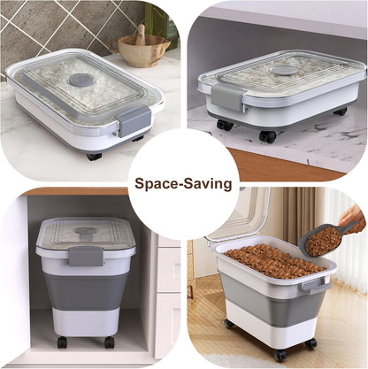 Komzon Rice Storage Container, Collapsible Airtight 10-40 Lb Rice Storage Container, 25lb Pet Dog Food Storage Container, Rice Dispenser Bin with Cup and Scoop for Flour Cereal Pasta Grain, Cat Bird