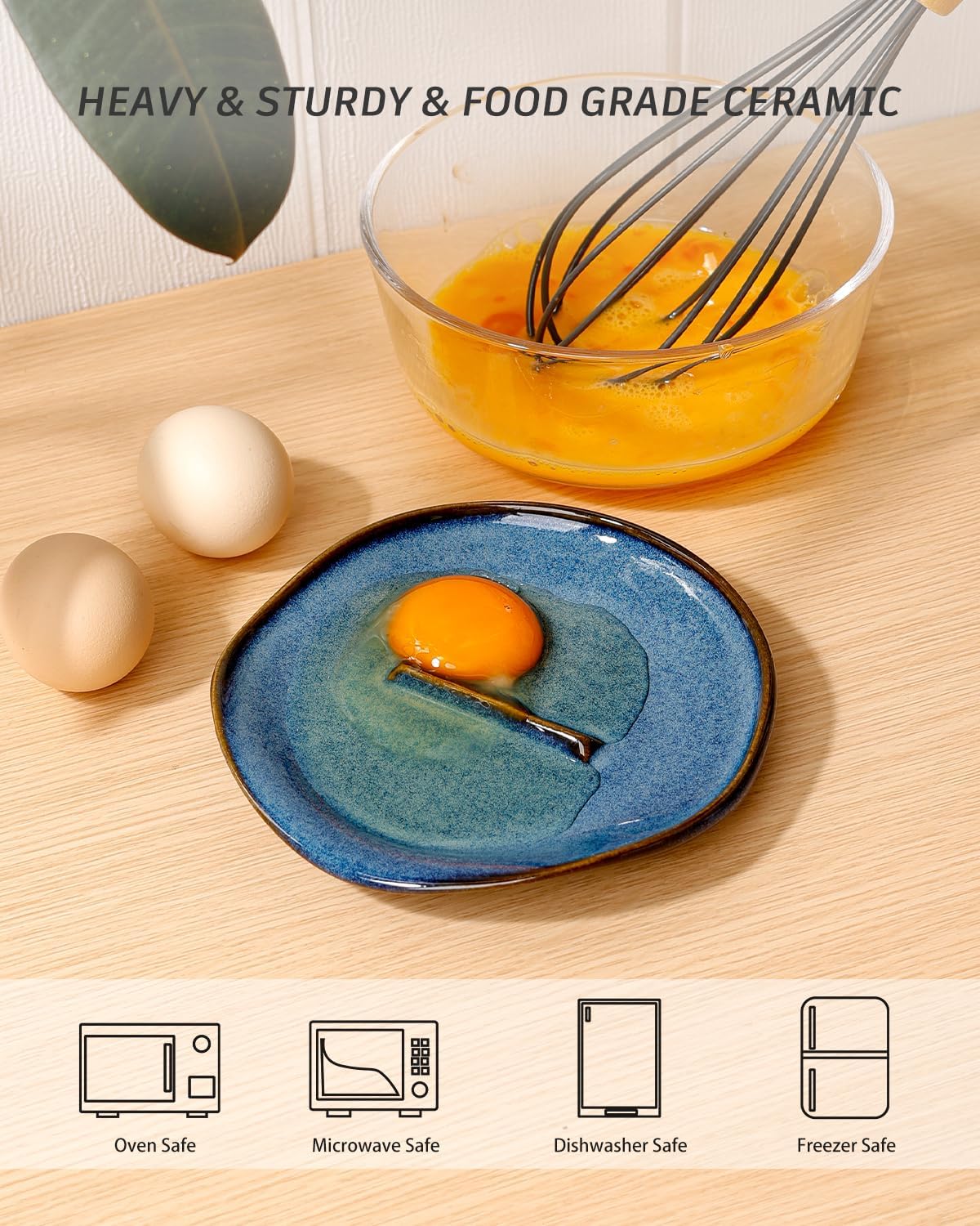 Ceramic Spoon Rest with Egg Cracker, Reactive Glaze Blue