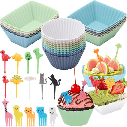 60PCS Silicone Lunch Box Dividers, Heavy-Duty Silicone Cupcake Liners for Muffin Cups, Reusable Kids' Lunch/Bento Box Accessories Set with Animal Forks, Food-Grade, BPA Free(20 Liners + 40 Picks)