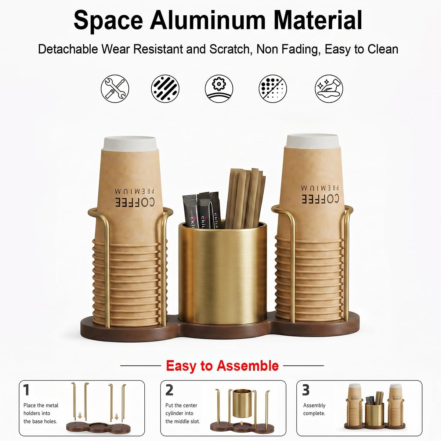 GOYLSER Coffee Station Organizer with Straw & Stirrer Storage Caddy for Cups Lids, Disposable Paper Cup Holder Cup Organizer for Coffee Bar, Office, Home Kitchen, Gold