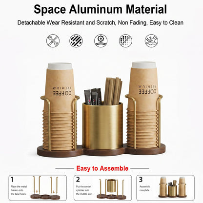 GOYLSER Coffee Station Organizer with Straw & Stirrer Storage Caddy for Cups Lids, Disposable Paper Cup Holder Cup Organizer for Coffee Bar, Office, Home Kitchen, Gold