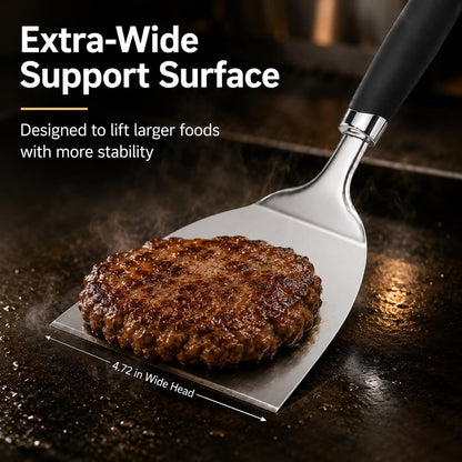 304 Stainless Steel Fish Spatula, Thin Flexible Slotted Turner | Non-Slip Ergonomic Handle, Metal Spatula for Fish, Eggs, Burgers, Cast Iron & Griddle, Black