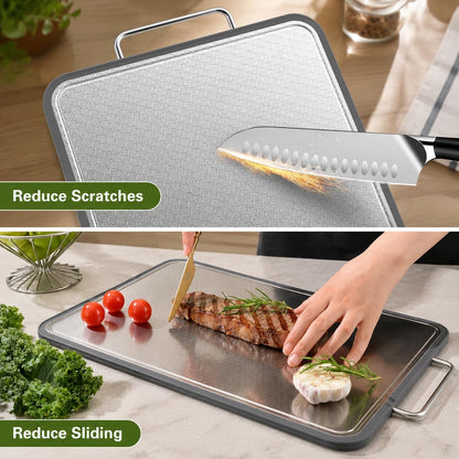304 Stainless Steel Cutting Board 16''×11'' – Double-Sided Kitchen Chopping Board for Meat, Fruits & Vegetables, Rust-Resistant Steel Cutting Board with Dual Juice Grooves, Easy to Clean