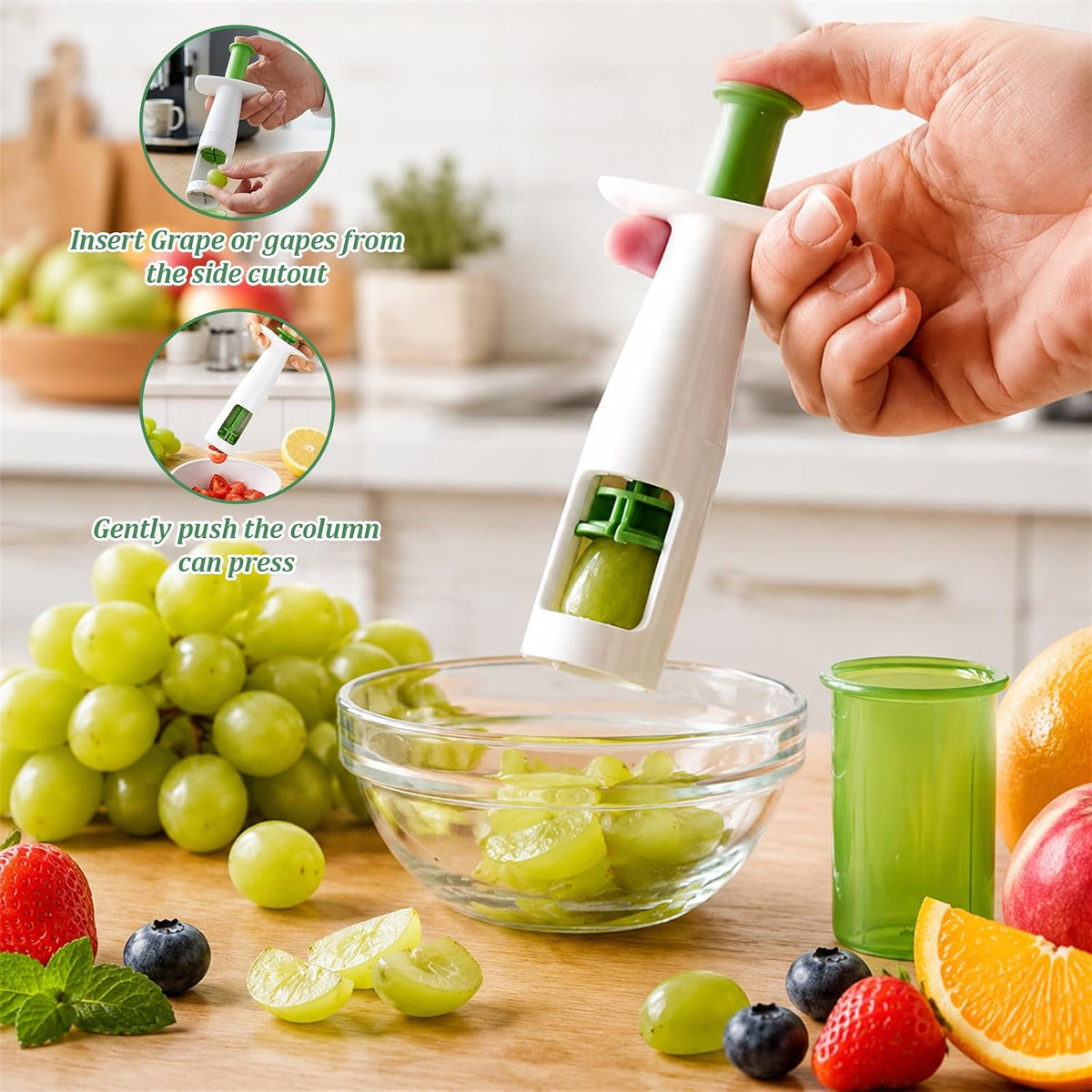 4PCS Grape Cutter Set, Grape Slicer Kitchen Gadget, Cherry Tomato Slicer, Grape Cutter Tool, daily household fruit cutting tools, Grape Quarter Cutters with Strawberry Slicers and 2 Cleaning Brushes
