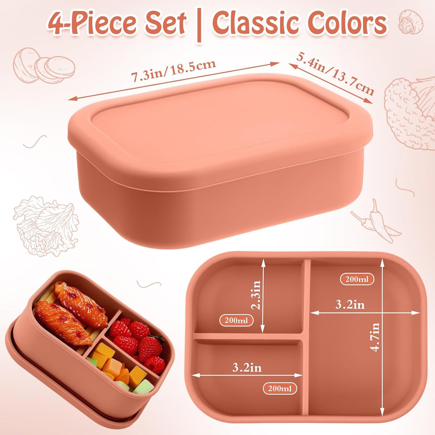 Honeydak 6 Pcs Silicone Bento Box Reusable Silicone Bento Lunch Container for Adults Microwave Dishwasher Freezer Safe 3 Compartment (Light Colors)