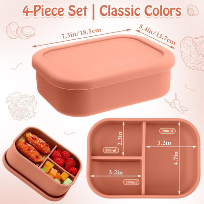 Honeydak 6 Pcs Silicone Bento Box Reusable Silicone Bento Lunch Container for Adults Microwave Dishwasher Freezer Safe 3 Compartment (Light Colors)