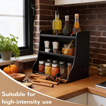 Blulu 3-tier Adjustable Condiment Organizer for Countertop Condiment Food Beverage Holder Wooden Condiments Bottle Sauce Packet Organizer Bin for Coffee Shops Restaurants Bars 14.5" x14.8" x 11.75"