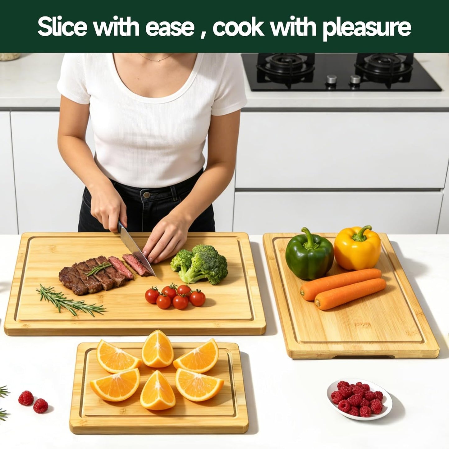 3-Piece Set Bamboo Cutting Board for Kitchen - Crack-Resistant Wood Chopping Boards with Deep Juice Grooves, Pre-Oiled Butcher Block for Meat, Vegetables & Cheese, Carbonized