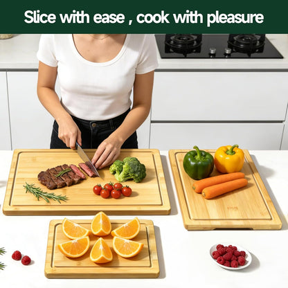 3-Piece Set Bamboo Cutting Board for Kitchen - Crack-Resistant Wood Chopping Boards with Deep Juice Grooves, Pre-Oiled Butcher Block for Meat, Vegetables & Cheese, Carbonized