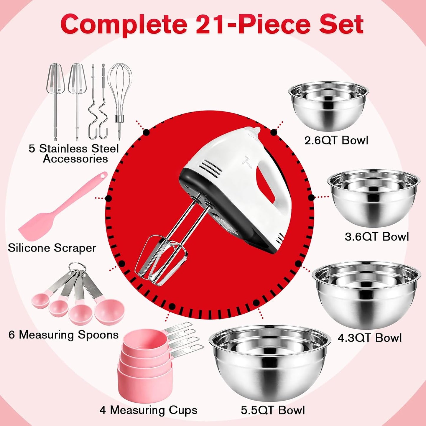 Showvigor Electric Hand Mixer with Stainless Steel Mixing Bowl Set –7 Speeds Turbo-Boost Hand Mixer with Large Mixing Bowls, Measuring Cups, Spoons & Spatula for Kitchen Cakes Eggs Baking(Pink)