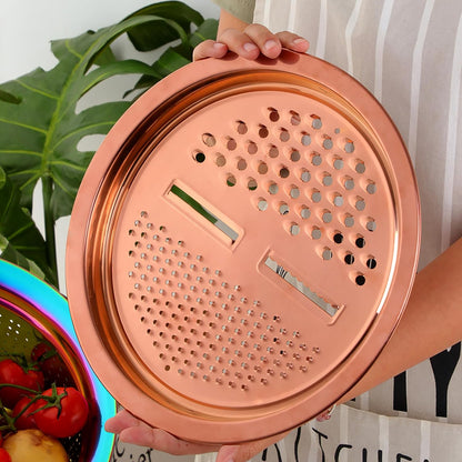 DOCBLACK Colander, 3Pcs Stainless Steel Kitchen Tool 3 in 1 Drain Basket Fruit and Vegetable Cutter Strainer Bowl Set Drain Pot Basket Grater for Fruits Vegetables Rice Washing Mixing - Gold