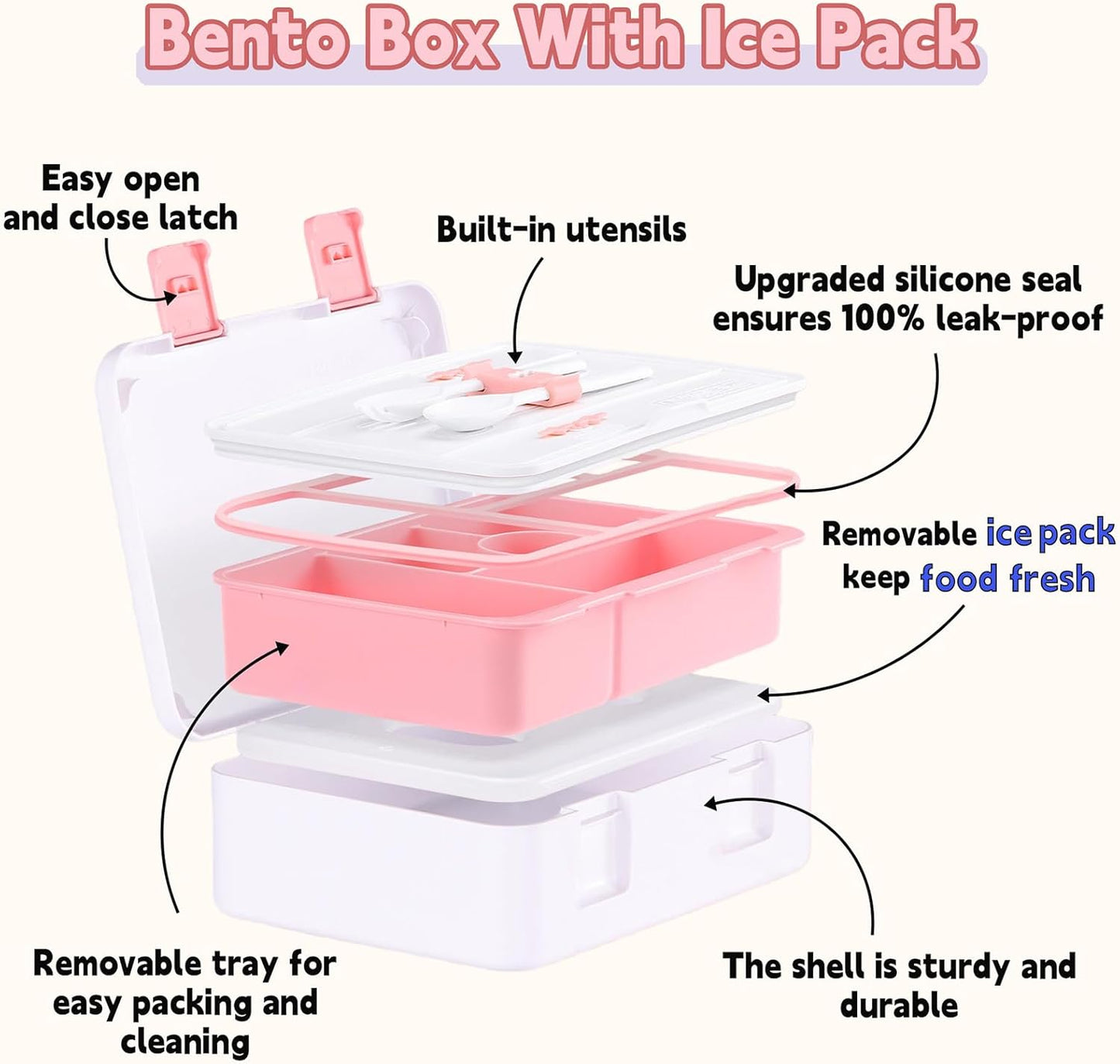 rockpapa Chill Bento Box for Kids- Large 5.5 Cups Lunch Box with Ice Pack - 5 Compartments, BPA-Free, Leak Proof, with Utensils & Portable Handle, Microwave/Dishwasher Safe (Purple Butterfly)