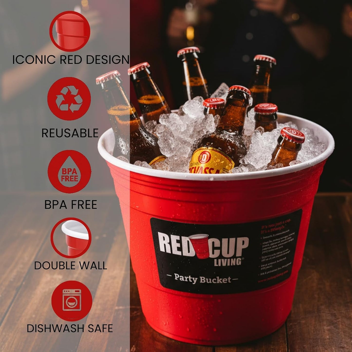 Red Cup Living Large Party Ice Bucket, 201 oz Insulated Drink Cooler for Parties, Bar & Kitchen, Durable Plastic Beer, Wine & Champagne Beverage Tub for Holiday