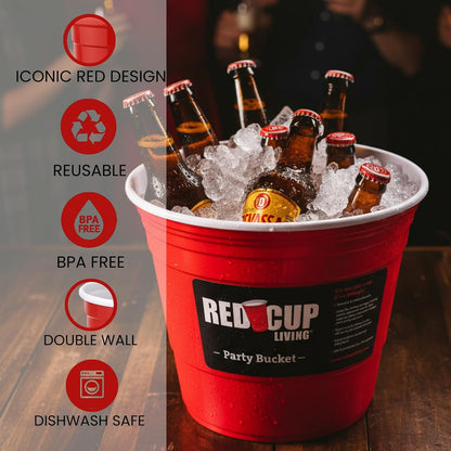 Red Cup Living Large Party Ice Bucket, 201 oz Insulated Drink Cooler for Parties, Bar & Kitchen, Durable Plastic Beer, Wine & Champagne Beverage Tub for Holiday