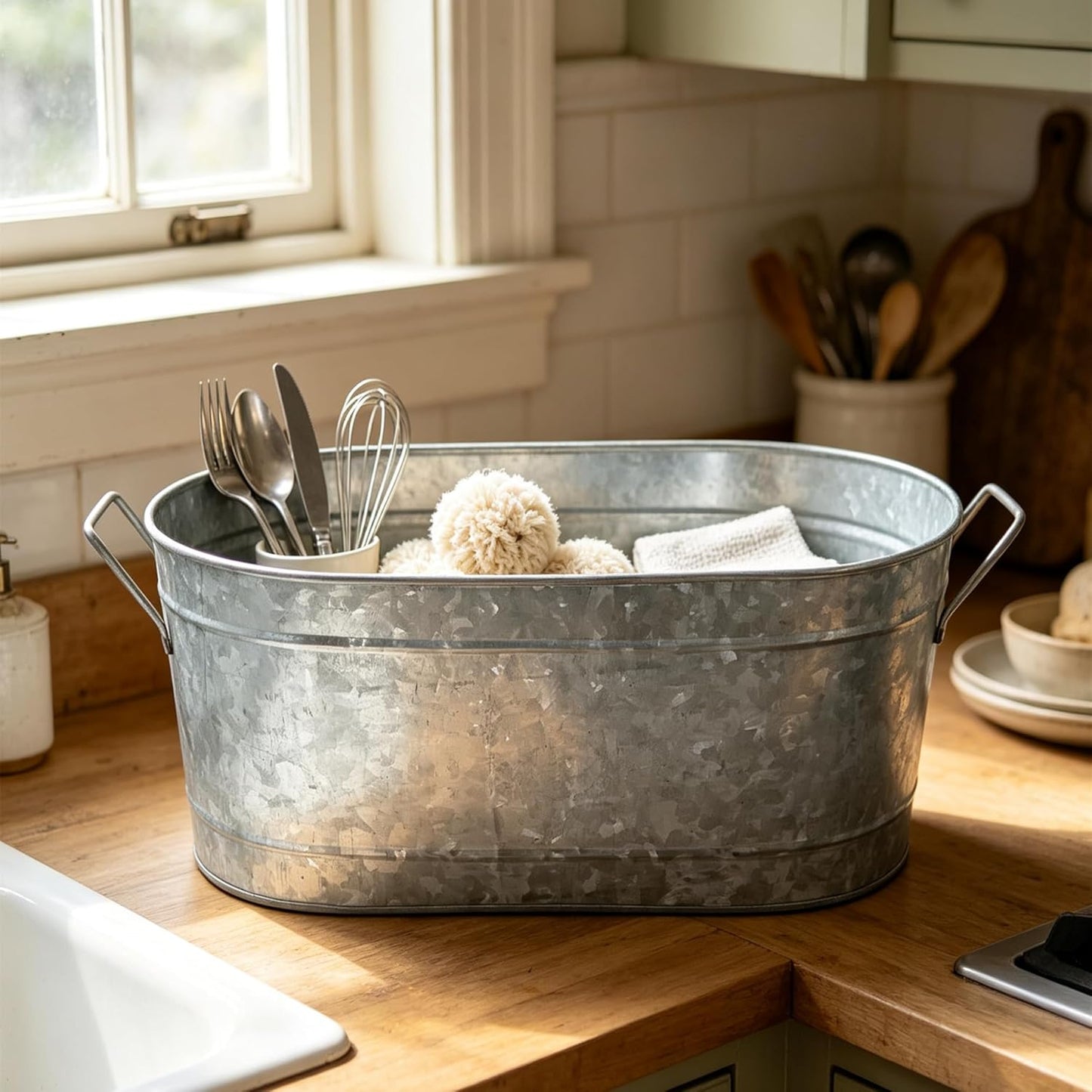 Hosley Galvanized Carry All Kitchen Utensil Caddy Serve Ware 13 Inch Long. Ideal for Floral Arrangements Party Garden Patio. O4