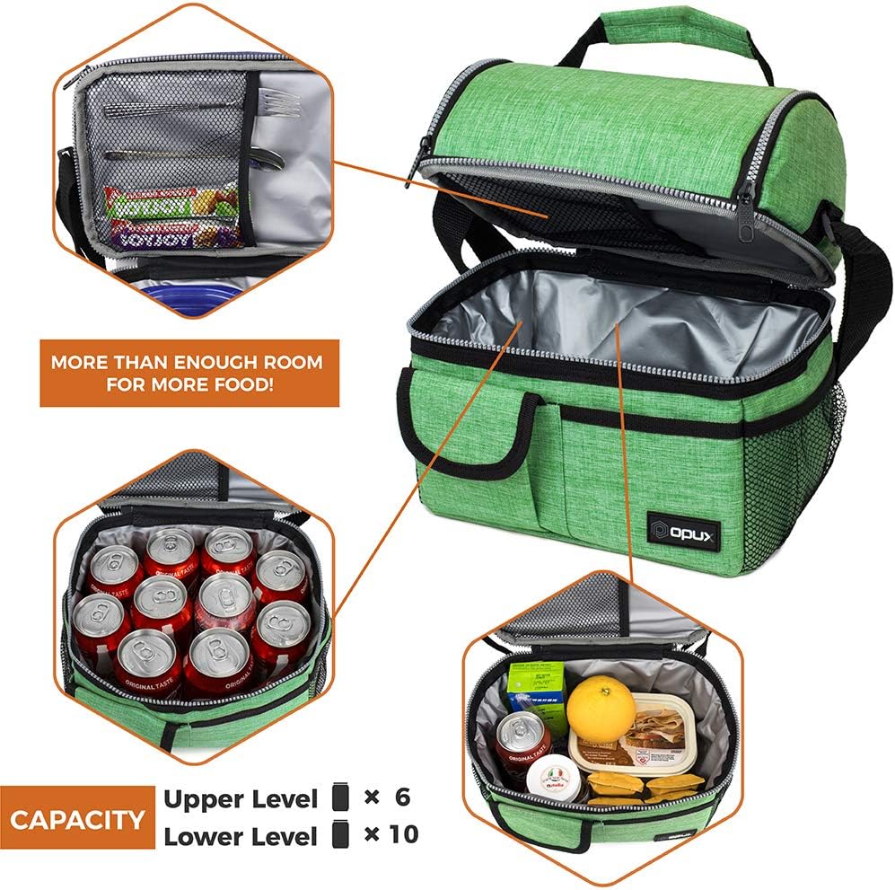 opux Insulated Lunch Bag Women Men, Dual Compartment Leakproof Lunch Box Adults Kids, Double Decker Meal Prep Bento Lunch Cooler Tote with Shoulder Strap for Work Office School Travel, Floral Purple