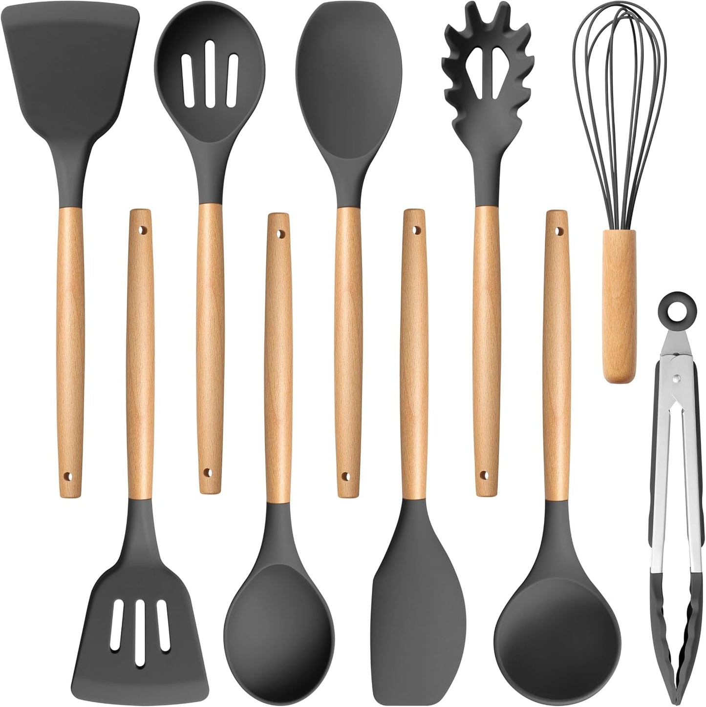E-far Silicone Cooking Utensils Set, 5-Piece Kitchen Utensils Set with Wooden Handle for Cooking, Silicone Kitchen Nonstick Tools Spatula Turner Slotted Spoons, Nontoxic & Heat Resistant-Khaki