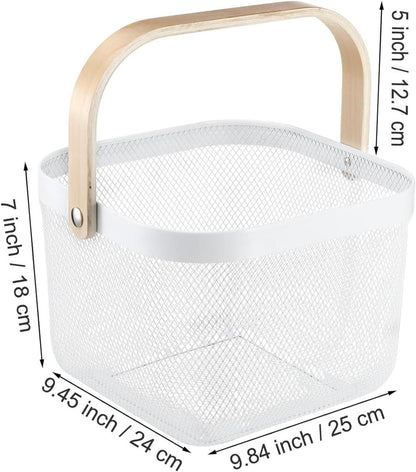 AJIODA Metal Mesh Wire Basket, Large Steel Basket with Wooden Handle Storage Organizer Basket Multi-functional Hanging Kitchen Baskets Fruit Baskets for Kitchen Bathroom Cabinet Pantry Snacks, Black