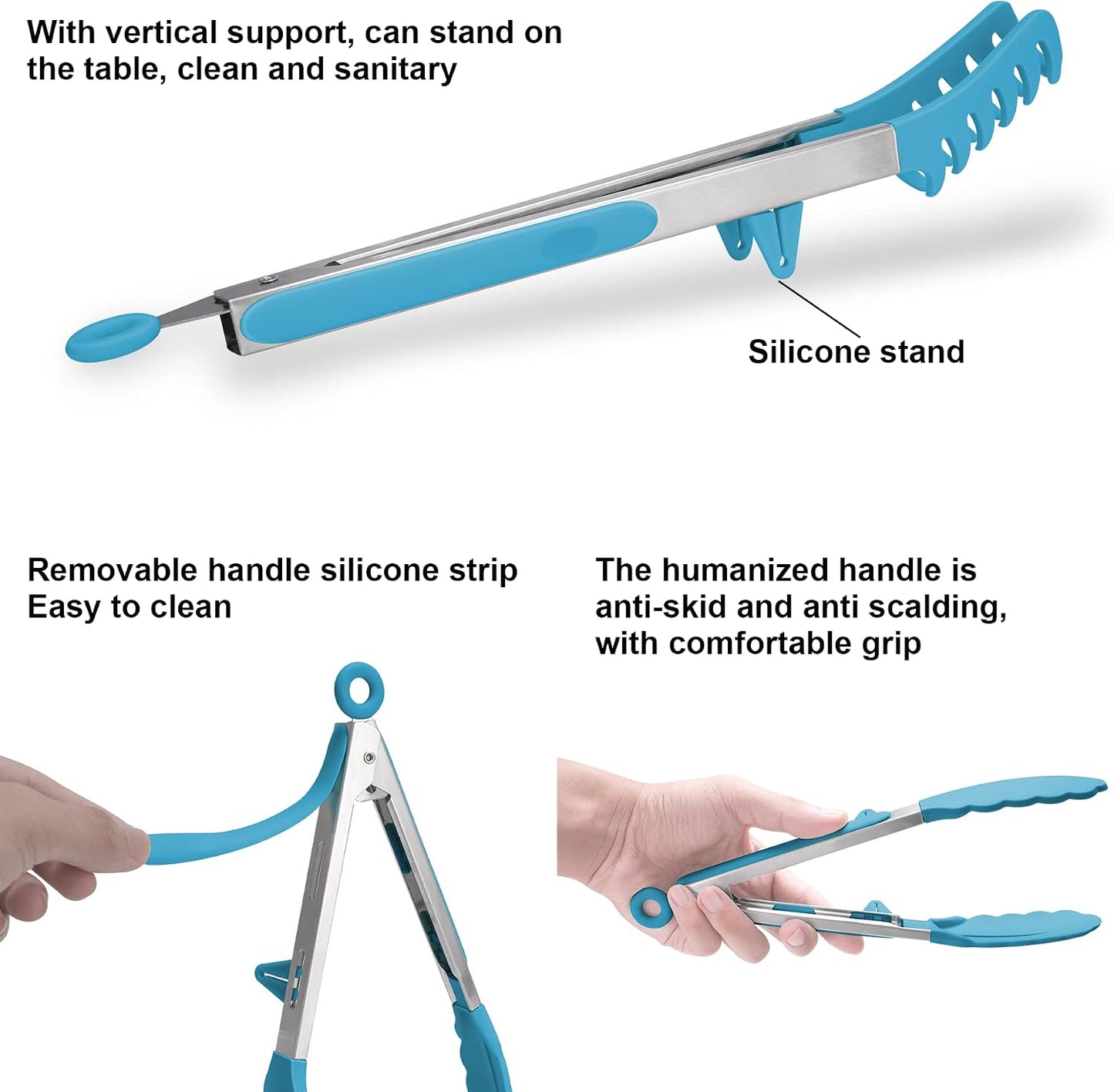 4in1 Stainless Steel Kitchen Food Tongs Set for Cooking with Silicone Tips, Toaster Steak Pie Pizza Pasta Spaghetti Noodles Salad Fruit Vegetable Grill BBQ Buffet Clamp Serving Tools Gadgets