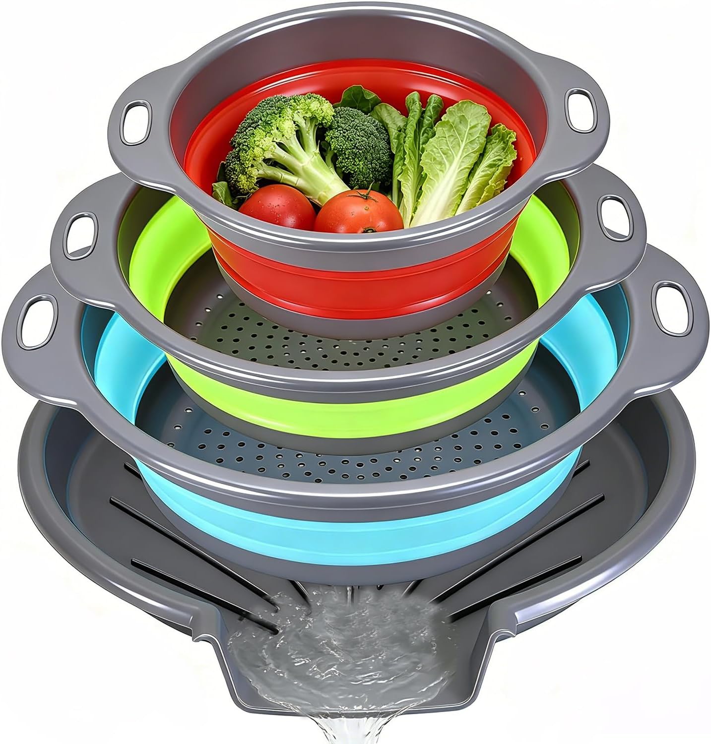 Collapsible Colanders Food Strainers, 3-Pack Foldable Kitchen Strainers with Over-Sink Water Draining Tray, Space Saving Kitchen Drainer for Vegetables, Fruit, Pasta and Rice (White-Gray)