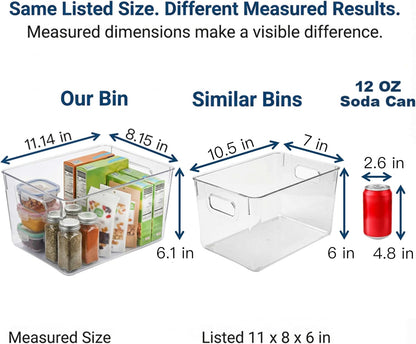 MOONEDGE 4 Pack Clear Plastic Organizer Bins, 2 Large & 2 Small Storage Set | Storage Bins for Pantry, Space-Saving Organizer Containers for Cabinets, Under-Sink, Bathroom, Kitchen, Freezer, Home Storage