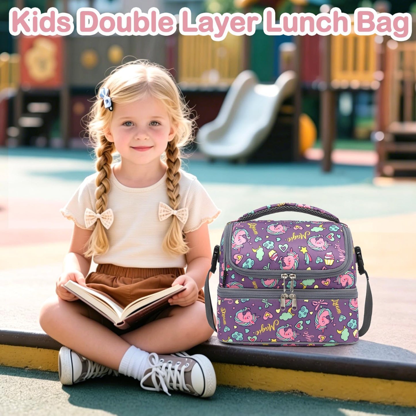 FlowFly Kids Double Decker Cooler Insulated Lunch Bag Large Tote for Boys, Girls, Men, Women, With Adjustable Strap, Unicorn