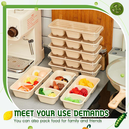 Hushee 50 Pack 17 oz 3 Compartment Snack Container Paper Small Meal Prep Containers with Lid, Disposable Bento Box Travel Lunch Food Boxes Stackable for Office Picnic