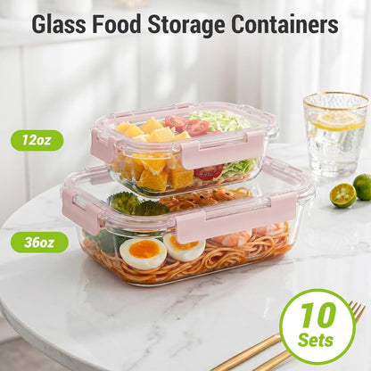 Dealusy 10 Sets (20-Piece) 36 oz & 12 oz Glass Food Storage Containers with lids, Airtight Leak-proof Glass Meal Prep Containers with Lids, Microwave Oven Freezer Dishwasher Safe, Gray