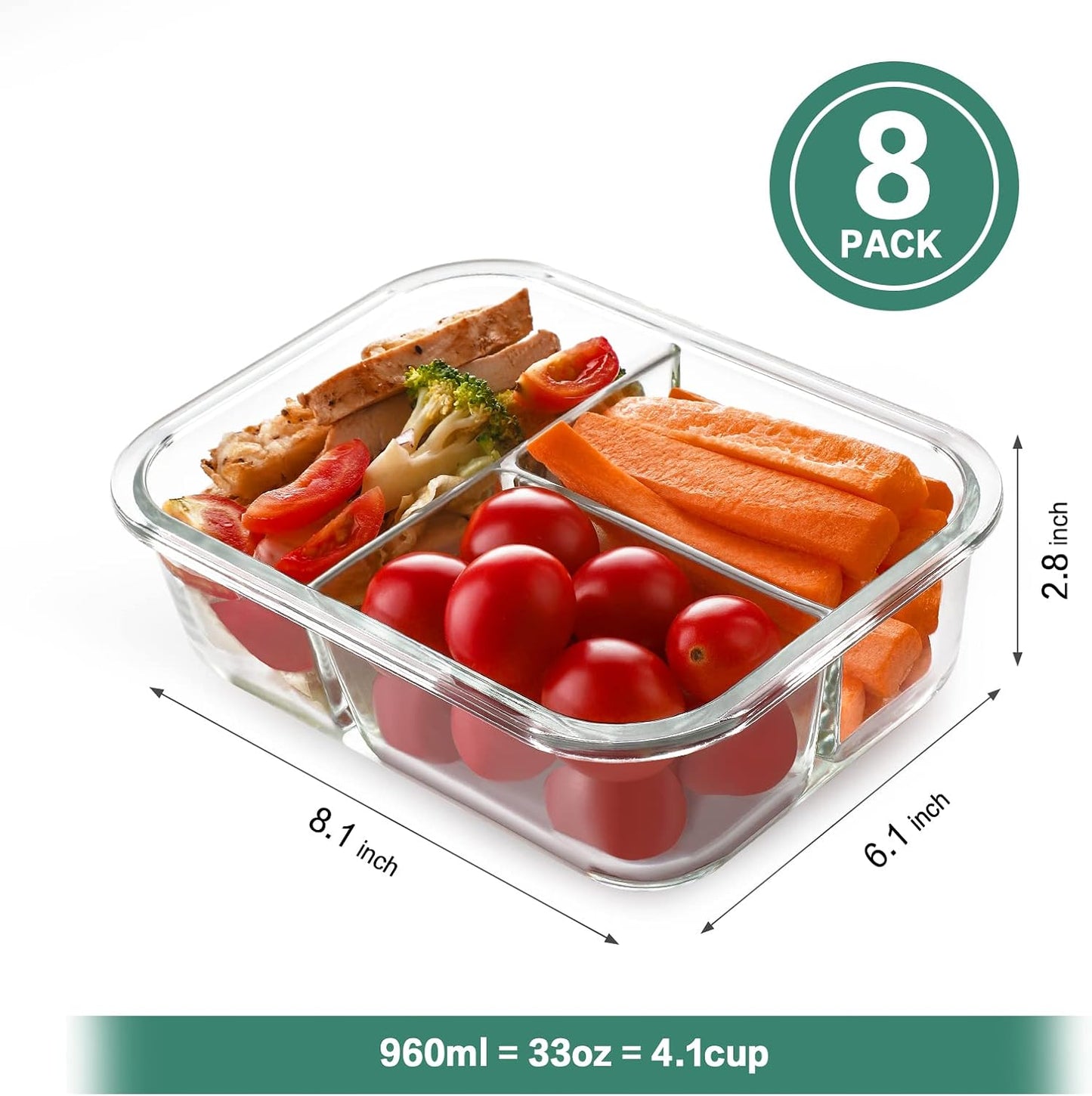 HOMBERKING 8 Pack Glass Meal Prep Containers 3 Compartment, 36oz Glass Food Storage Containers with Lids, Airtight Glass Lunch Bento Boxes, BPA-Free & Leak Proof (8 lids & 8 Containers) - Blue