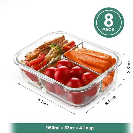 HOMBERKING 8 Pack Glass Meal Prep Containers 3 Compartment, 36oz Glass Food Storage Containers with Lids, Airtight Glass Lunch Bento Boxes, BPA-Free & Leak Proof (8 lids & 8 Containers) - Blue