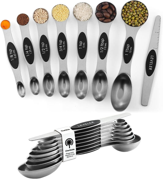 ChefAide Pack of 8 Stainless Steel Magnetic Measuring Spoons Set, Dual Sided, Stackable, Adjustable Teaspoon and Tablespoon Measure Spoon with Leveler, Kitchen Gadgets