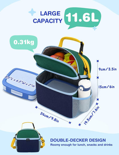 VASCHY Lunch Box Bag for Kids, Insulated Double Compartments Cooler Lunch Tote for Toddlers Boys Girls School/Daycare/Picnic Black Dinos