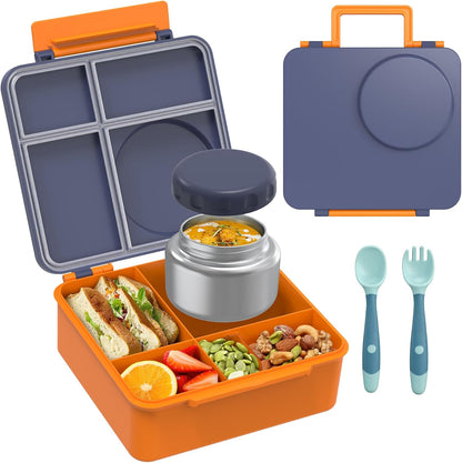 Bento Lunch Box Set for Kids with 8oz Soup Thermo, Leak-Proof Lunch Containers with 4 Compartment, Thermo Hot Insulated Food Jar and Foldable Fork Spoon, for Kids to School (pale pink)