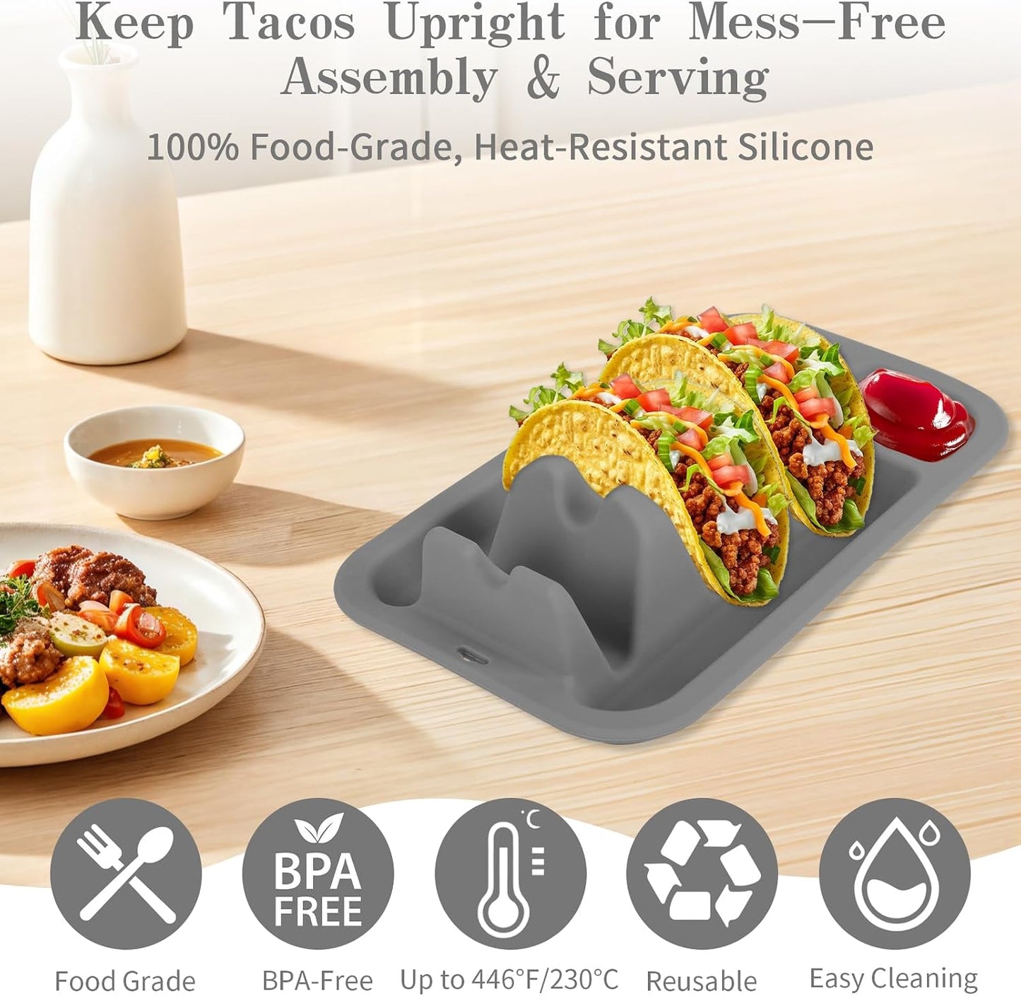 Klyrnd Silicone Taco Holder Set of 2, Reusable Taco Plate with Dividers for Hard & Soft Shells - Microwave & Dishwasher Safe Serving Stand (Grey Beige)