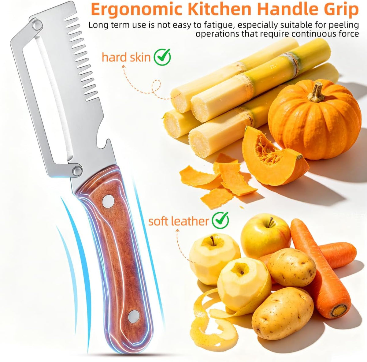 2pcs Multifunctional Vegetable Peeler Shredder, 3-in-1 Stainless Steel Julienne Peeler Tool with Bottle Opener and Non-slip Wooden Handle, Fruit Peeling Knife for Kitchen