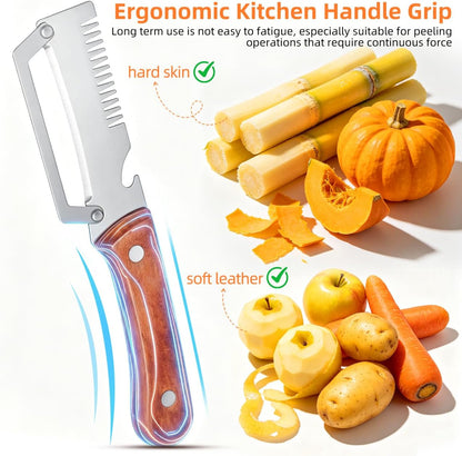 2pcs Multifunctional Vegetable Peeler Shredder, 3-in-1 Stainless Steel Julienne Peeler Tool with Bottle Opener and Non-slip Wooden Handle, Fruit Peeling Knife for Kitchen