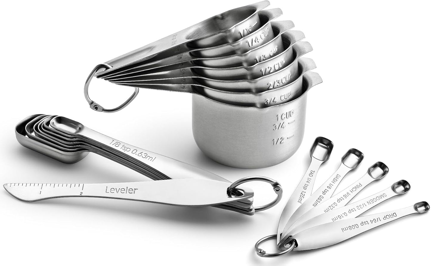 Spring Chef Stainless Steel Measuring Cups and Spoons Set of 14 with Leveler, Nesting Kitchen Metal Measuring Cups and Spoons Set for Dry and Liquid Ingredients, Perfect for Cooking & Baking