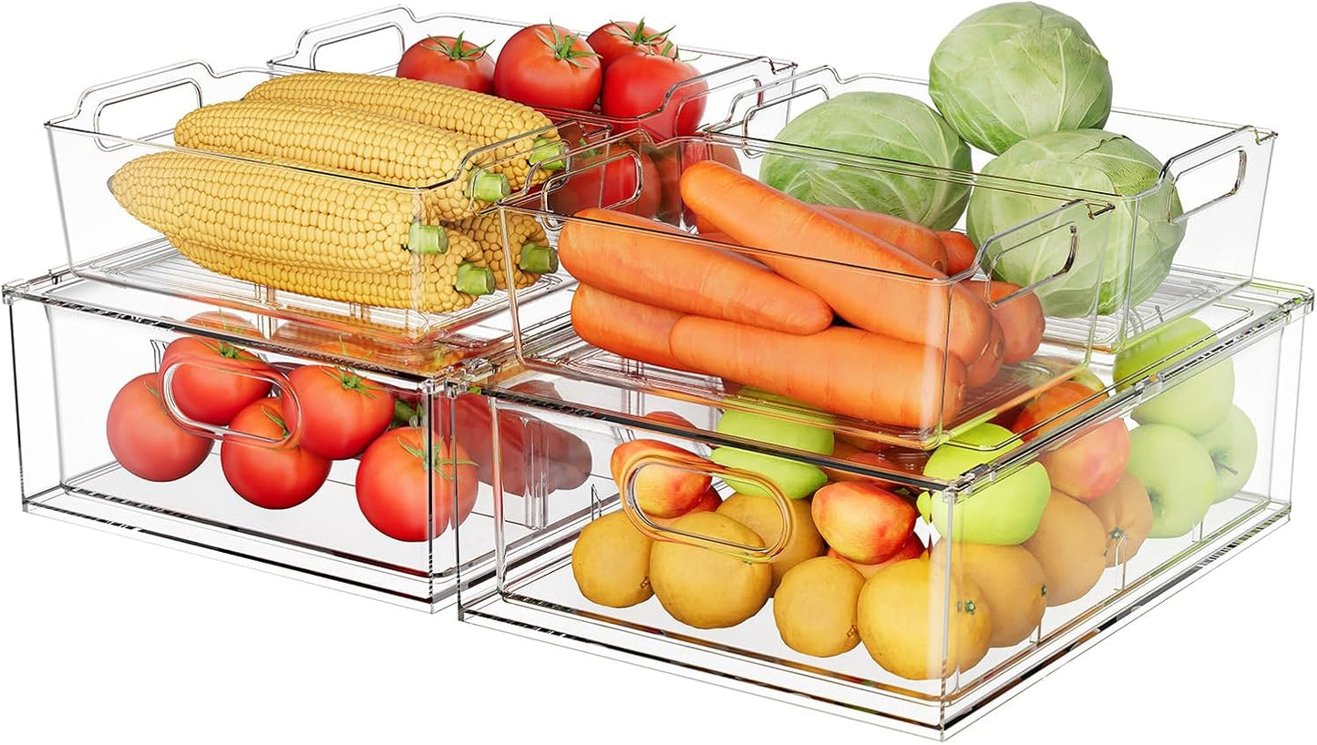 2 Pack Refrigerator Organizer Bins Stackable Fridge Organizer Set with Pull-out Drawer Clear Vegetable Fruit Storage Containers for Kitchen Pantry Organization