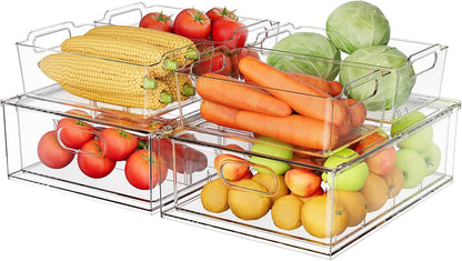 2 Pack Refrigerator Organizer Bins Stackable Fridge Organizer Set with Pull-out Drawer Clear Vegetable Fruit Storage Containers for Kitchen Pantry Organization